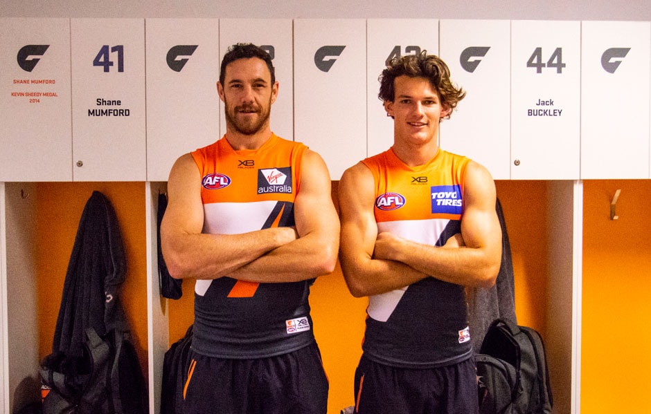 Shane Mumford and Jack Buckley. Shane Mumford will again wear number 41 in 2019, while rookie Jack Buckley will wear 44. - AFL,GWS Giants,Shane Mumford,Jack Buckley